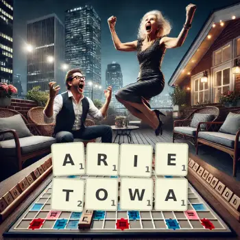 Kreatywna ilustracja do gry w Scrabble ze słowem ARIETOWA ułożonym z płytek na planszy.