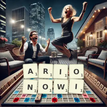 Kreatywna ilustracja do gry w Scrabble ze słowem ARIONOWI ułożonym z płytek na planszy.