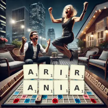 Kreatywna ilustracja do gry w Scrabble ze słowem ARIRANIA ułożonym z płytek na planszy.