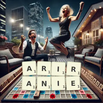 Kreatywna ilustracja do gry w Scrabble ze słowem ARIRANIE ułożonym z płytek na planszy.