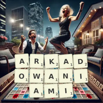 Kreatywna ilustracja do gry w Scrabble ze słowem ARKADOWANIAMI ułożonym z płytek na planszy.