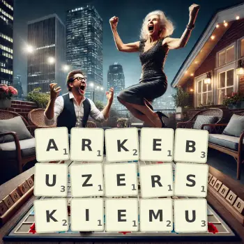 Kreatywna ilustracja do gry w Scrabble ze słowem ARKEBUZERSKIEMU ułożonym z płytek na planszy.