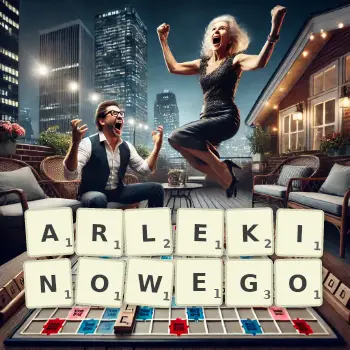 Kreatywna ilustracja do gry w Scrabble ze słowem ARLEKINOWEGO ułożonym z płytek na planszy.