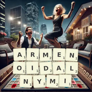 Kreatywna ilustracja do gry w Scrabble ze słowem ARMENOIDALNYMI ułożonym z płytek na planszy.