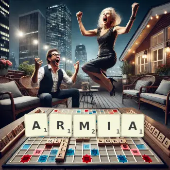 Kreatywna ilustracja do gry w Scrabble ze słowem ARMIA ułożonym z płytek na planszy.