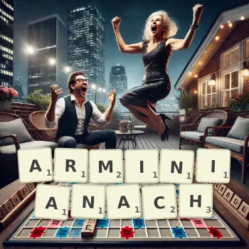Kreatywna ilustracja do gry w Scrabble ze słowem ARMINIANACH ułożonym z płytek na planszy.