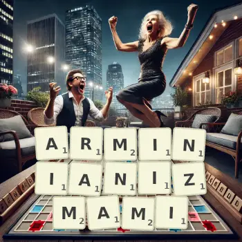 Kreatywna ilustracja do gry w Scrabble ze słowem ARMINIANIZMAMI ułożonym z płytek na planszy.