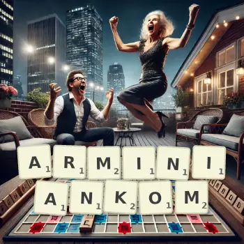 Kreatywna ilustracja do gry w Scrabble ze słowem ARMINIANKOM ułożonym z płytek na planszy.
