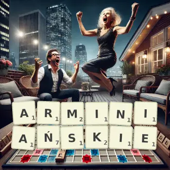 Kreatywna ilustracja do gry w Scrabble ze słowem ARMINIAŃSKIE ułożonym z płytek na planszy.
