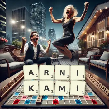 Kreatywna ilustracja do gry w Scrabble ze słowem ARNIKAMI ułożonym z płytek na planszy.
