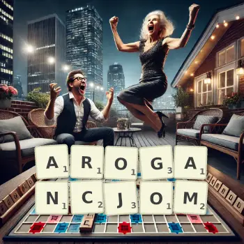 Kreatywna ilustracja do gry w Scrabble ze słowem AROGANCJOM ułożonym z płytek na planszy.