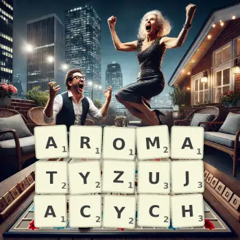 Kreatywna ilustracja do gry w Scrabble ze słowem AROMATYZUJACYCH ułożonym z płytek na planszy.