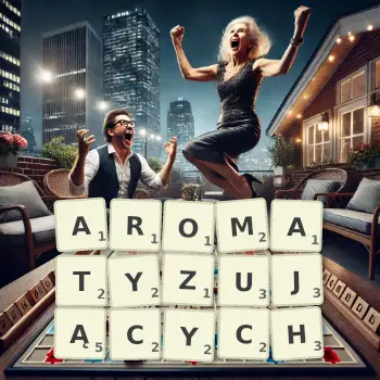 Kreatywna ilustracja do gry w Scrabble ze słowem AROMATYZUJĄCYCH ułożonym z płytek na planszy.