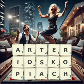 Kreatywna ilustracja do gry w Scrabble ze słowem ARTERIOSKOPIACH ułożonym z płytek na planszy.