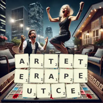 Kreatywna ilustracja do gry w Scrabble ze słowem ARTETERAPEUTCE ułożonym z płytek na planszy.