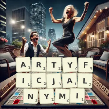 Kreatywna ilustracja do gry w Scrabble ze słowem ARTYFICJALNYMI ułożonym z płytek na planszy.