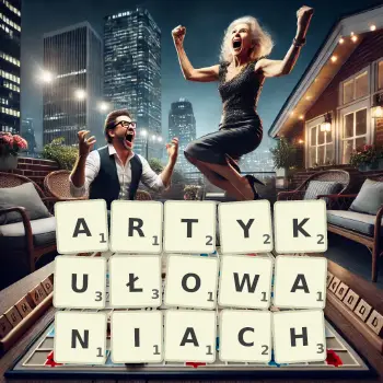 Kreatywna ilustracja do gry w Scrabble ze słowem ARTYKUŁOWANIACH ułożonym z płytek na planszy.