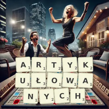 Kreatywna ilustracja do gry w Scrabble ze słowem ARTYKUŁOWANYCH ułożonym z płytek na planszy.