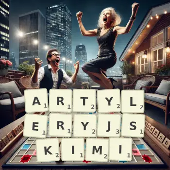 Kreatywna ilustracja do gry w Scrabble ze słowem ARTYLERYJSKIMI ułożonym z płytek na planszy.