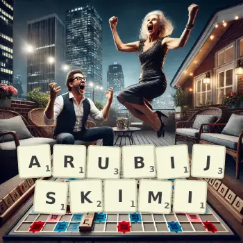 Kreatywna ilustracja do gry w Scrabble ze słowem ARUBIJSKIMI ułożonym z płytek na planszy.