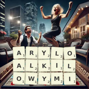 Kreatywna ilustracja do gry w Scrabble ze słowem ARYLOALKILOWYMI ułożonym z płytek na planszy.