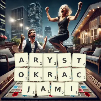 Kreatywna ilustracja do gry w Scrabble ze słowem ARYSTOKRACJAMI ułożonym z płytek na planszy.