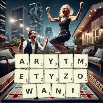 Kreatywna ilustracja do gry w Scrabble ze słowem ARYTMETYZOWANI ułożonym z płytek na planszy.