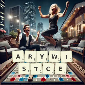 Kreatywna ilustracja do gry w Scrabble ze słowem ARYWISTCE ułożonym z płytek na planszy.