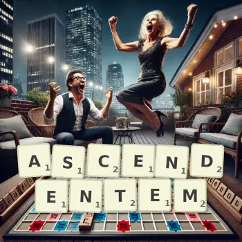 Kreatywna ilustracja do gry w Scrabble ze słowem ASCENDENTEM ułożonym z płytek na planszy.