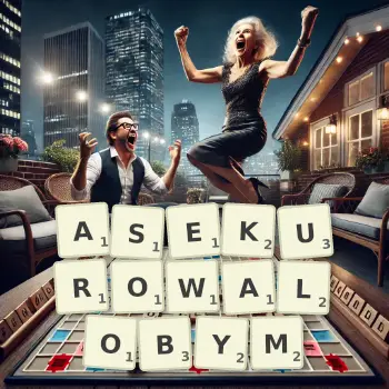 Kreatywna ilustracja do gry w Scrabble ze słowem ASEKUROWALOBYM ułożonym z płytek na planszy.