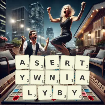 Kreatywna ilustracja do gry w Scrabble ze słowem ASERTYWNIALYBY ułożonym z płytek na planszy.