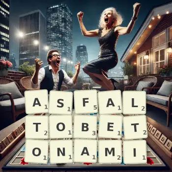 Kreatywna ilustracja do gry w Scrabble ze słowem ASFALTOBETONAMI ułożonym z płytek na planszy.