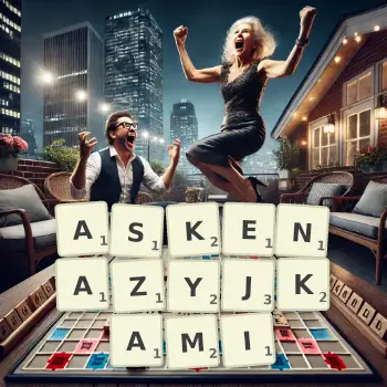 Kreatywna ilustracja do gry w Scrabble ze słowem ASKENAZYJKAMI ułożonym z płytek na planszy.