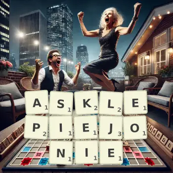 Kreatywna ilustracja do gry w Scrabble ze słowem ASKLEPIEJONIE ułożonym z płytek na planszy.