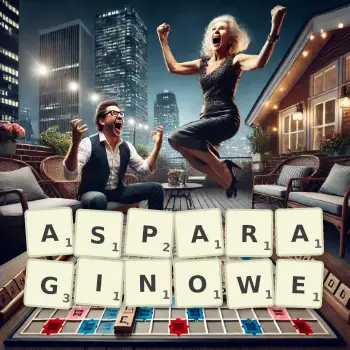 Kreatywna ilustracja do gry w Scrabble ze słowem ASPARAGINOWE ułożonym z płytek na planszy.