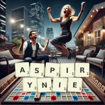 Kreatywna ilustracja do gry w Scrabble ze słowem ASPIRYNIE ułożonym z płytek na planszy.