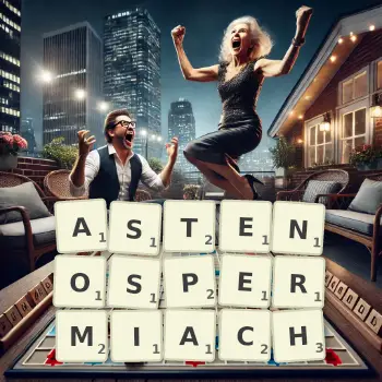 Kreatywna ilustracja do gry w Scrabble ze słowem ASTENOSPERMIACH ułożonym z płytek na planszy.