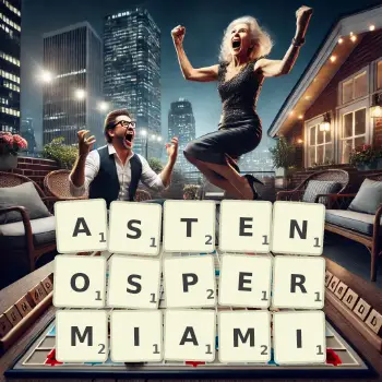 Kreatywna ilustracja do gry w Scrabble ze słowem ASTENOSPERMIAMI ułożonym z płytek na planszy.