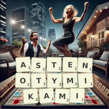Kreatywna ilustracja do gry w Scrabble ze słowem ASTENOTYMIKAMI ułożonym z płytek na planszy.