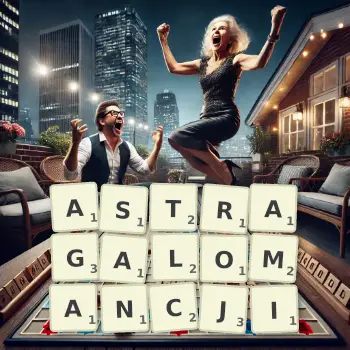 Kreatywna ilustracja do gry w Scrabble ze słowem ASTRAGALOMANCJI ułożonym z płytek na planszy.