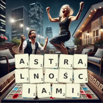 Kreatywna ilustracja do gry w Scrabble ze słowem ASTRALNOŚCIAMI ułożonym z płytek na planszy.