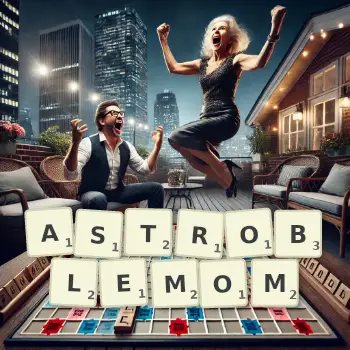 Kreatywna ilustracja do gry w Scrabble ze słowem ASTROBLEMOM ułożonym z płytek na planszy.