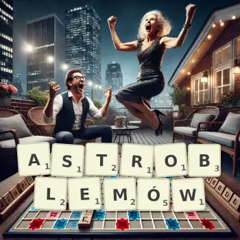 Kreatywna ilustracja do gry w Scrabble ze słowem ASTROBLEMÓW ułożonym z płytek na planszy.