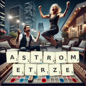 Kreatywna ilustracja do gry w Scrabble ze słowem ASTROMETRZE ułożonym z płytek na planszy.