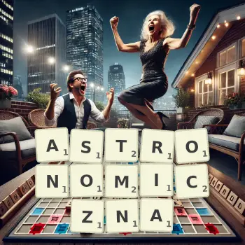 Kreatywna ilustracja do gry w Scrabble ze słowem ASTRONOMICZNA ułożonym z płytek na planszy.