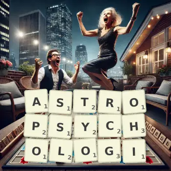 Kreatywna ilustracja do gry w Scrabble ze słowem ASTROPSYCHOLOGI ułożonym z płytek na planszy.