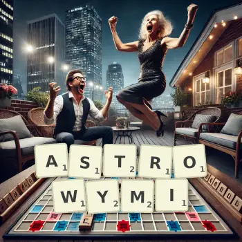 Kreatywna ilustracja do gry w Scrabble ze słowem ASTROWYMI ułożonym z płytek na planszy.