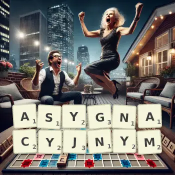 Kreatywna ilustracja do gry w Scrabble ze słowem ASYGNACYJNYM ułożonym z płytek na planszy.