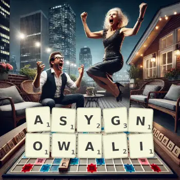 Kreatywna ilustracja do gry w Scrabble ze słowem ASYGNOWALI ułożonym z płytek na planszy.