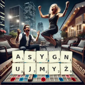 Kreatywna ilustracja do gry w Scrabble ze słowem ASYGNUJMYŻ ułożonym z płytek na planszy.